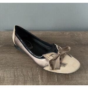 Tods Driving Flats Womens 8 Beige Suede Metallic Bronze Bow Made in Italy